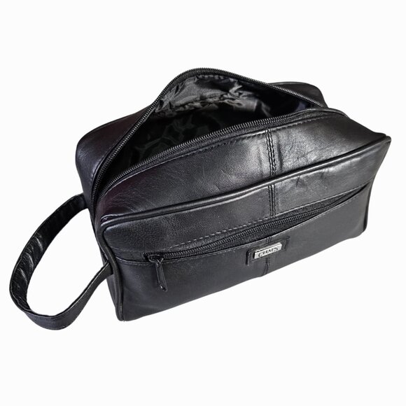 CHAPS Genuine Black Leather Travel Shave Toiletry Bag Zipper Case Organizer Dopp - Picture 7 of 8